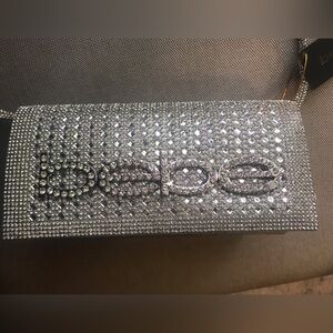 NWT Bebe Silver Crystal Embellished Clutch